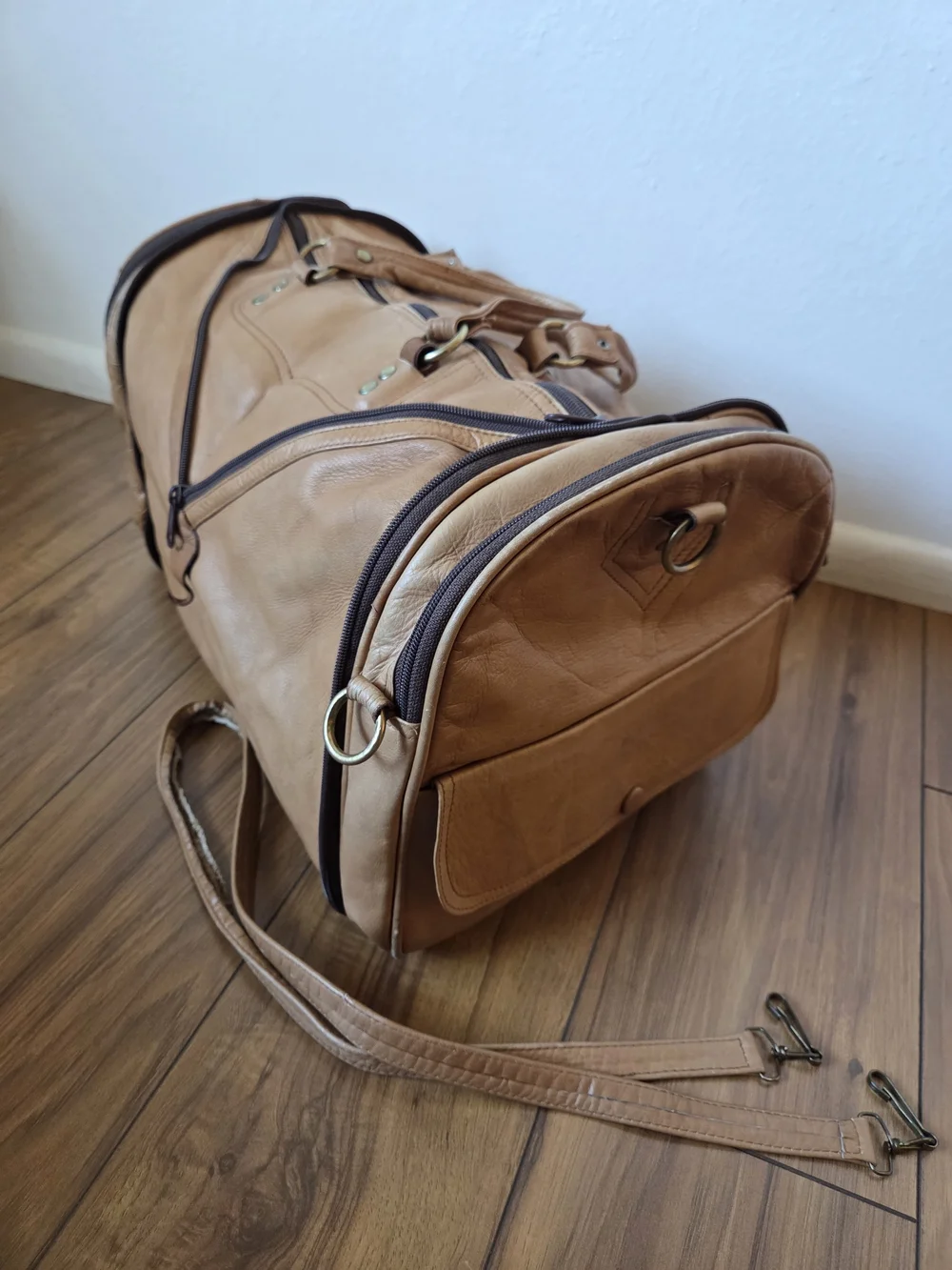 Convertable Tan Leather Travel Duffle Crossbody Bag